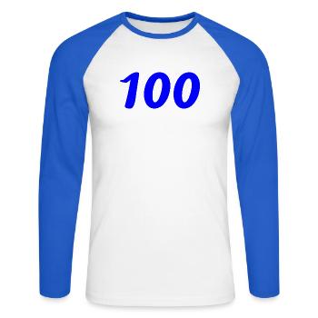 100. 100 ANS. 100e ANNIVERSAIRE. ANNIVERSAIRE 100  - T-shirt baseball manches longues Homme - blanc/bleu royal - Devant - Nik (191cm)