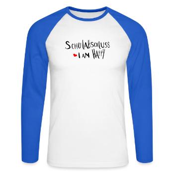 Schulabschluss  i am happy - Unisex Baseballshirt langarm - Weiß/Royalblau - Vorne - Nik (191cm)