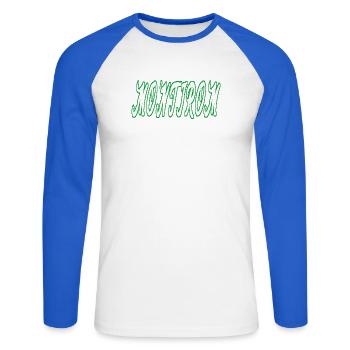 Montirom text - Unisex Baseballshirt langarm - Weiß/Royalblau - Vorne - Nik (191cm)