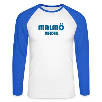 Malmo Sweden - Unisex Long Sleeve Baseball T-Shirt - white/royal blue - Front - Nik (191cm)