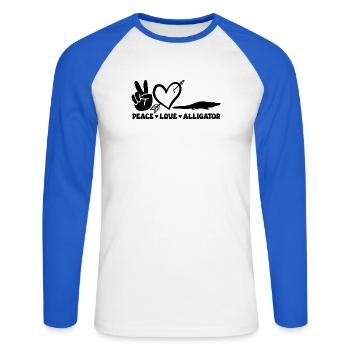 Peace Love Alligator – Funny Reptile Design - Unisex Long Sleeve Baseball T-Shirt - white/royal blue - Front - Nik (191cm)