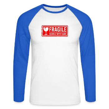 Fragile Handle with Care Versandmarkenvektor - Unisex Baseballshirt langarm - Weiß/Royalblau - Vorne - Nik (191cm)
