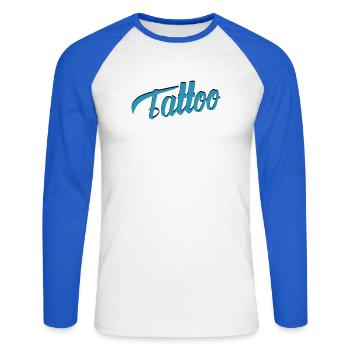 Écriture de tatouage en sarcelle-ci - T-shirt baseball manches longues Homme - blanc/bleu royal - Devant - Nik (191cm)