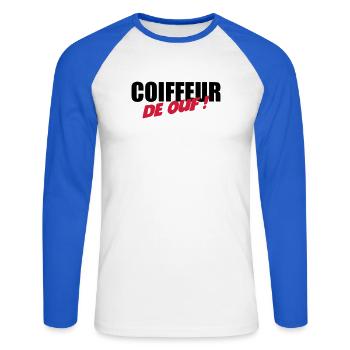 Coiffure / Coiffeur / Coiffeuse / Mode / Cheveux - T-shirt baseball manches longues Homme - blanc/bleu royal - Devant - Nik (191cm)