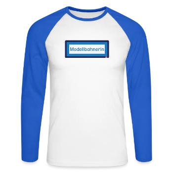 lustiger Spruch Modellbahnerin Zugzielanzeige fun - Unisex Baseballshirt langarm - Weiß/Royalblau - Vorne - Nik (191cm)