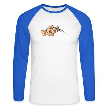 Seringue avec goutte à goutte sortant dans la main - T-shirt baseball manches longues Homme - blanc/bleu royal - Devant - Nik (191cm)
