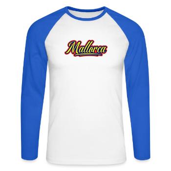 Mallorca Schrift - Unisex Baseballshirt langarm - Weiß/Royalblau - Vorne - Nik (191cm)