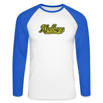 Mallorca Schrift - Unisex Baseballshirt langarm - Weiß/Royalblau - Vorne - Nik (191cm)