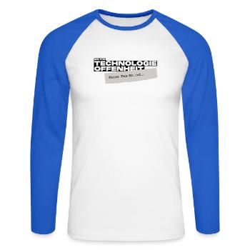 Bin für Technologieoffenheit – Meine Fax-Nr. ist… - Unisex Baseballshirt langarm - Weiß/Royalblau - Vorne - Nik (191cm)