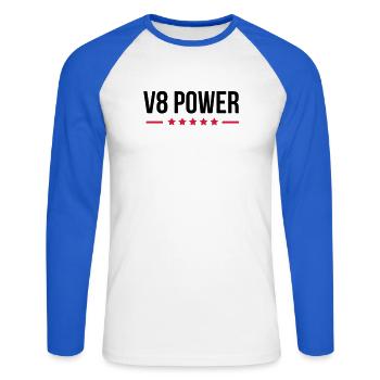 V8 Power - T-shirt baseball manches longues Homme - blanc/bleu royal - Devant - Nik (191cm)