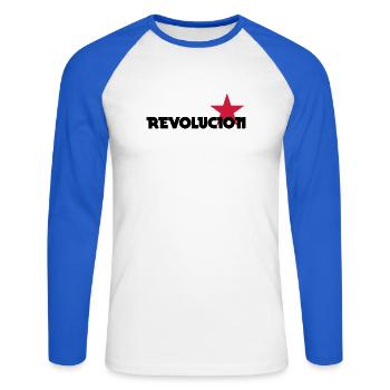 [ Revolucion ] - Unisex Baseballshirt langarm - Weiß/Royalblau - Vorne - Nik (191cm)