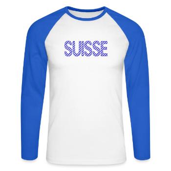 SCHWEIZ. LAND. GENF. SCHWEIZ. HUMOR. LAND - Unisex Baseballshirt langarm - Weiß/Royalblau - Vorne - Nik (191cm)
