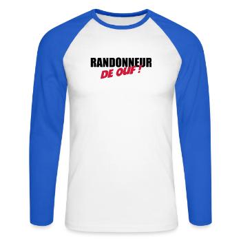 Randonneur de ouf ! - T-shirt baseball manches longues Homme - blanc/bleu royal - Devant - Nik (191cm)