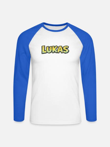 Lucas, Handgezeichnete Typografie - Unisex Baseballshirt langarm - Weiß/Royalblau