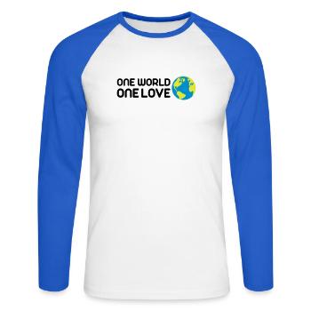 One World One Love - Unisex Long Sleeve Baseball T-Shirt - white/royal blue - Front - Nik (191cm)