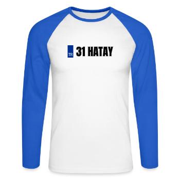 31 Hatay Kennzeichen | Türkisches Kennzeichen - Unisex Baseballshirt langarm - Weiß/Royalblau - Vorne - Nik (191cm)