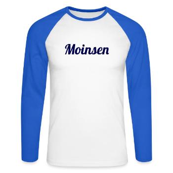 Moinsen! – Das Original für echte Nordlichter - Unisex Baseballshirt langarm - Weiß/Royalblau - Vorne - Nik (191cm)