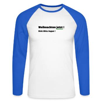 Noël maintenant - T-shirt baseball manches longues Homme - blanc/bleu royal - Devant - Nik (191cm)