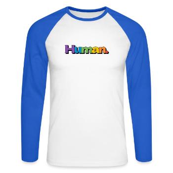 Colorful Human Rainbow Pride Typography - Unisex Long Sleeve Baseball T-Shirt - white/royal blue - Front - Nik (191cm)