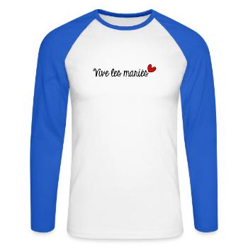 GERADE VERHEIRATET. Junggesellinnenabschied. VALENTINSTAG. PAAR - Unisex Baseballshirt langarm - Weiß/Royalblau - Vorne - Nik (191cm)