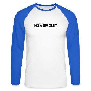 Never Quit Ausdauer Motiv - Unisex Baseballshirt langarm - Weiß/Royalblau - Vorne - Nik (191cm)