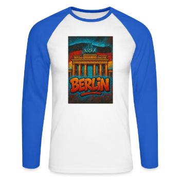 Grafiti Berlin T-shirt with Brandenburg Gate - Unisex Long Sleeve Baseball T-Shirt - white/royal blue - Front - Nik (191cm)