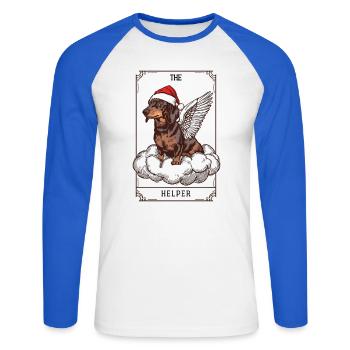 Tarot Xmas Card – Dachshund Dog “The Helper” - Unisex Long Sleeve Baseball T-Shirt - white/royal blue - Front - Nik (191cm)