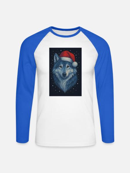 Nordischer Wolf im Weihnachtshut - Unisex Baseballshirt langarm - Weiß/Royalblau