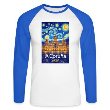 À La Corogne, Espagne - T-shirt baseball manches longues Homme - blanc/bleu royal - Devant - Nik (191cm)
