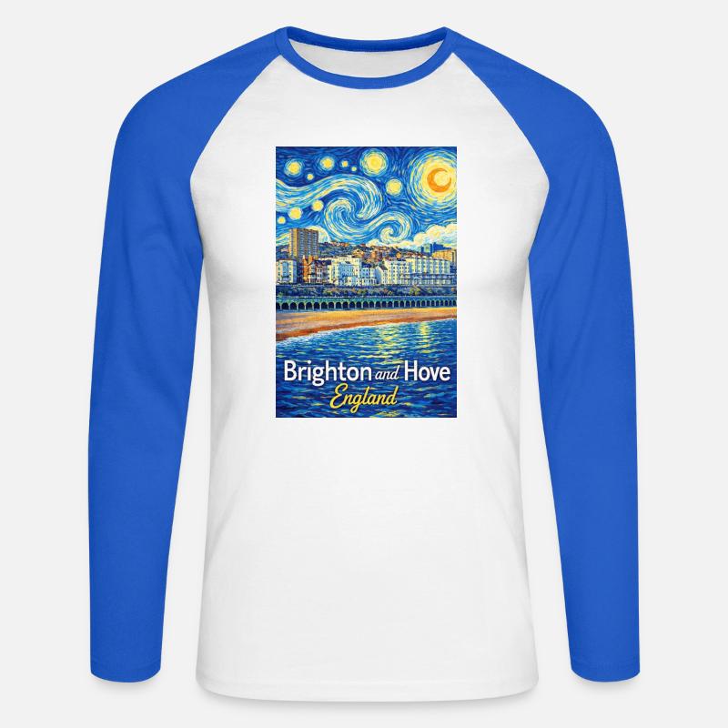 Brighton e Hove, Inghilterra - Maglia da baseball a manica lunga da uomo - bianco/blu royal