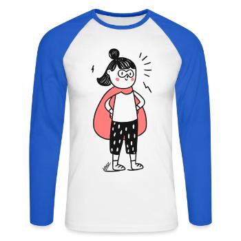 Selbstbewusstes Kind-Helden-Doodle - Unisex Baseballshirt langarm - Weiß/Royalblau - Vorne - Nik (191cm)