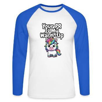 Aufwärm-Einhorn-PR - Unisex Baseballshirt langarm - Weiß/Royalblau - Vorne - Nik (191cm)