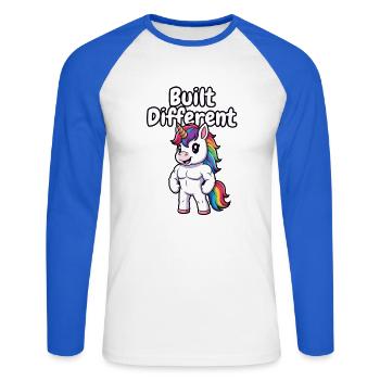 Andere Unicorn Muscular gebaut - Unisex Baseballshirt langarm - Weiß/Royalblau - Vorne - Nik (191cm)