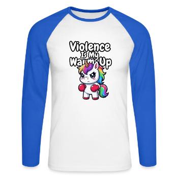 Gewalt ist mein Aufwärmeinhorn - Unisex Baseballshirt langarm - Weiß/Royalblau - Vorne - Nik (191cm)