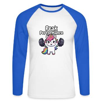 Peak Performance Unicorn Lifter - Unisex Long Sleeve Baseball T-Shirt - white/royal blue - Front - Nik (191cm)