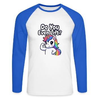 Unicorn Gym, hebst du überhaupt Gewichte? - Unisex Baseballshirt langarm - Weiß/Royalblau - Vorne - Nik (191cm)