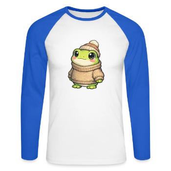 Grenouille câline en pull d’hiver - T-shirt baseball manches longues Homme - blanc/bleu royal - Devant - Nik (191cm)