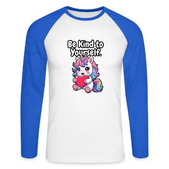 Sei freundlich zu dir selbst, Einhorn - Unisex Baseballshirt langarm - Weiß/Royalblau - Vorne - Nik (191cm)