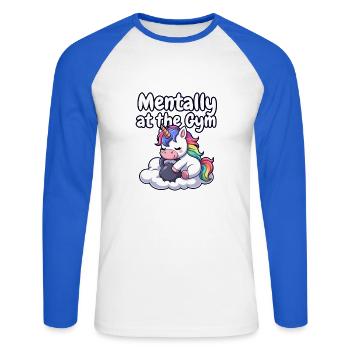 Mentalement à la Licorne de la Salle - T-shirt baseball manches longues Homme - blanc/bleu royal - Devant - Nik (191cm)
