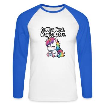 Café d’abord, magie puis licorne - T-shirt baseball manches longues Homme - blanc/bleu royal - Devant - Nik (191cm)