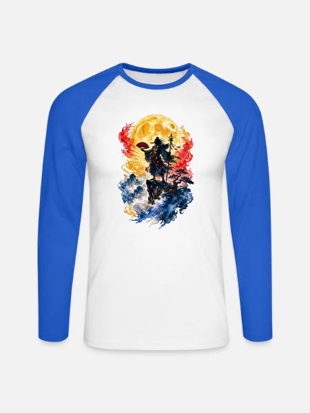 Tengu Mondkrieger Japan Aquarell - Unisex Baseballshirt langarm - Weiß/Royalblau