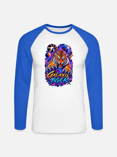Galaxie Tiger – Neon Weltraum Tiger - Unisex Baseballshirt langarm - Weiß/Royalblau