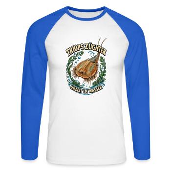 Triops Züchter – Urzeit im Wasser - Unisex Baseballshirt langarm - Weiß/Royalblau - Vorne - Nik (191cm)