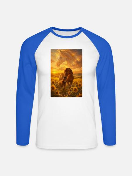 Stute und Fohlen im Sonnenfeld - Unisex Baseballshirt langarm - Weiß/Royalblau