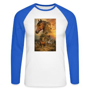 Pferde im antiken Tempelgold - Unisex Baseballshirt langarm - Weiß/Royalblau - Vorne - Nik (191cm)