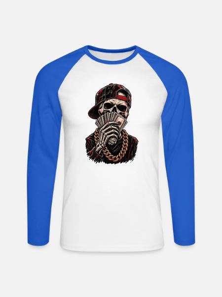 Schädel-Hustler mit roter Kappe - Unisex Baseballshirt langarm - Weiß/Royalblau