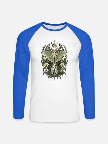 Mondblüte und Nachtfantasie-Motte - Unisex Baseballshirt langarm - Weiß/Royalblau