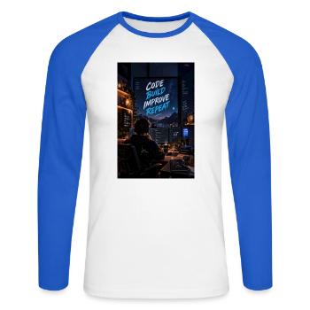 Code Build Improve Repeat Night Dev Studio - Unisex Baseballshirt langarm - Weiß/Royalblau - Vorne - Nik (191cm)