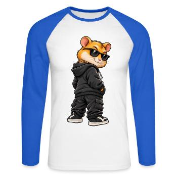 Goldhamster im Streetstyle-Gangster-Look - Unisex Baseballshirt langarm - Weiß/Royalblau - Vorne - Nik (191cm)
