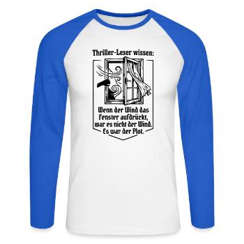 Thriller-Leser wissen: Es war der Plot - Unisex Baseballshirt langarm - Weiß/Royalblau - Vorne - Nik (191cm)
